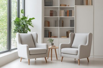 Two light grey armchairs face each other in a bright minimalist living room with a bookcase and large window.