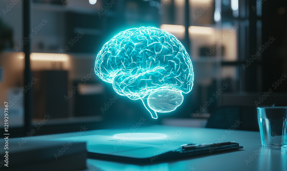 Poster artificial intelligence brain visualization digital workspace 3d render futuristic office eye-level 