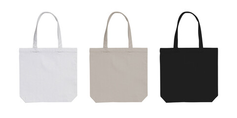 Tote bag canvas eco friendly bag mockup, canvas white beige black colors on isolated white...