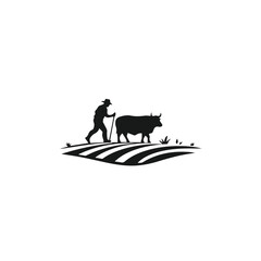 Silhouette of a farmer plowing the field with oxen on a white background