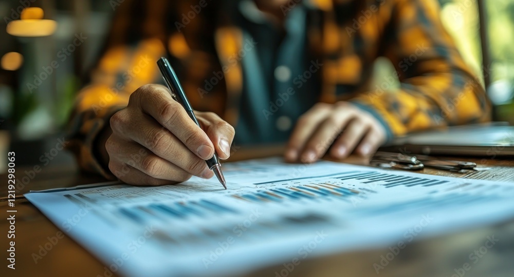 Poster analyzing business data: a close-up of hands carefully reviewing charts and graphs