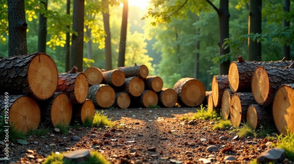 Poster forest path illuminated by golden sunlight, featuring stacks of freshly cut logs