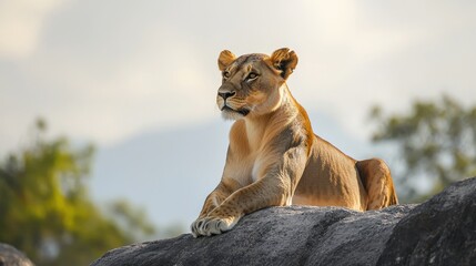 Obraz premium A lioness sitting on a rock, with her golden mane glowing in the sun, on a white background