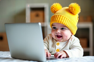 Cute baby wearing white snapsuit and yellow cap looks at the laptop monitor. Concept of World Computer Day.