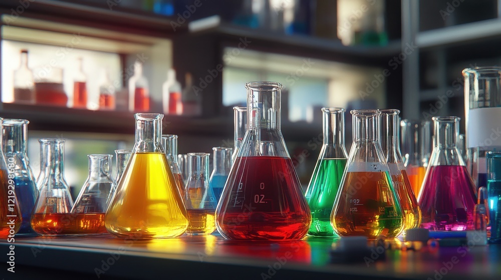 Aufkleber a colorful array of beakers and flasks filled with liquids sit on a lab table, representing scientif