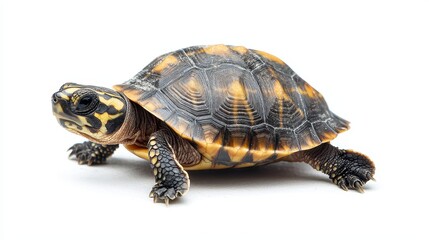 Obraz premium A baby turtle crawling across the sandy beach toward the ocean, on a white isolated background