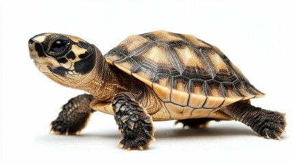 Obraz premium A baby turtle crawling across the sandy beach toward the ocean, on a white isolated background