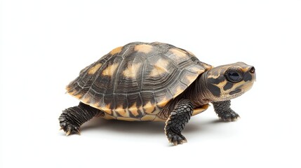 Fototapeta premium A baby turtle crawling across the sandy beach toward the ocean, on a white isolated background