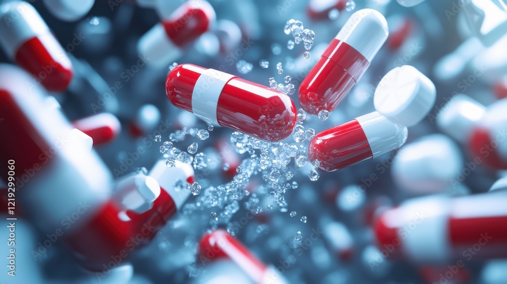 Poster red and white pills cascading down surrounded by robotic elements portraying rapid advancements in p