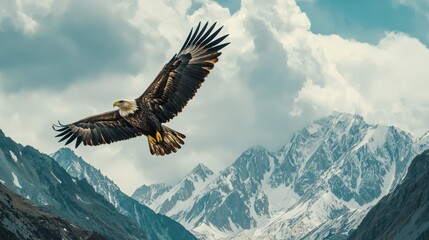 Fototapeta premium A majestic eagle soaring high above the mountains, with its sharp wings cutting through the air,