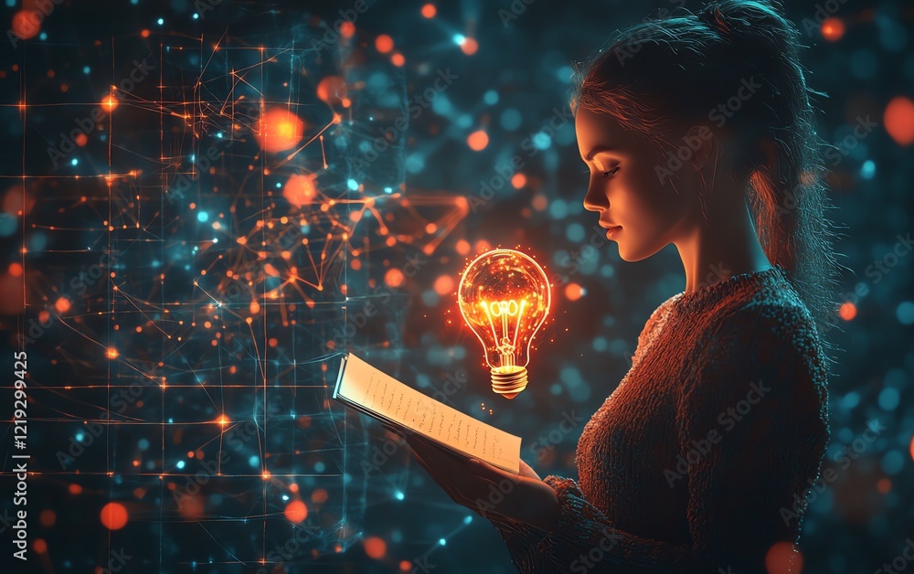 Poster a dynamic 3d render of a woman holding notes, with a glowing lightbulb symbolizing inspiration, and 
