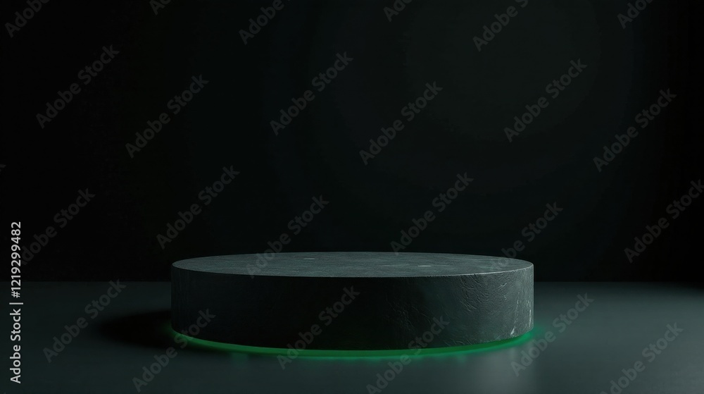 Poster Dark Circular Pedestal with Subtle Green Illumination A Minimalist Display Platform for Product Presentation