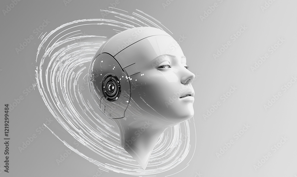 Poster exploring artificial intelligence futuristic robot head concept art digital studio surreal environme