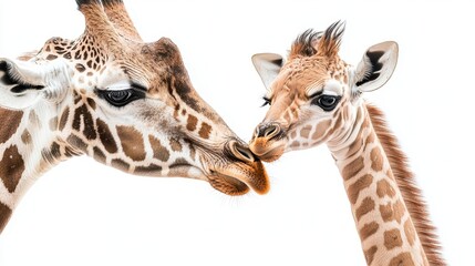 Naklejka premium A baby giraffe standing next to its mother, both looking curiously toward the camera, on a white isolated background
