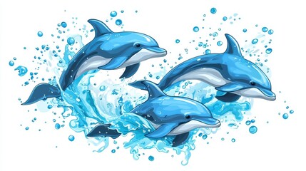 Obraz premium A group of dolphins swimming in a pod, with splashes of water all around, on a white isolated background