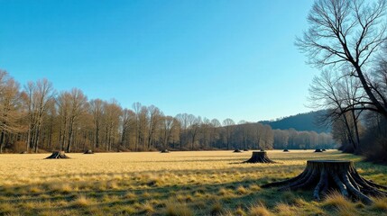Fototapeta premium Serene Winter Landscape Featuring Several Tree Stumps in a Golden Field Under a Clear Blue Sky
