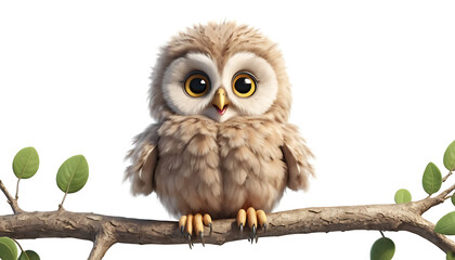 Fototapeta premium Adorable Baby Owl on Branch 3D Render