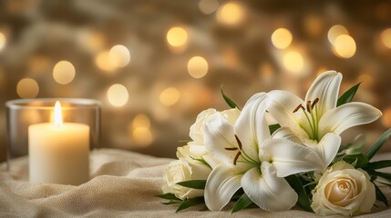 Cross surrounded by white lilies with copy space. Easter concept