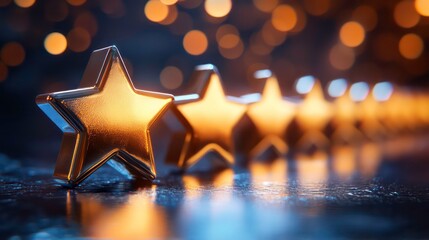 Five glowing gold stars on dark background, representing top quality, excellence, and success.