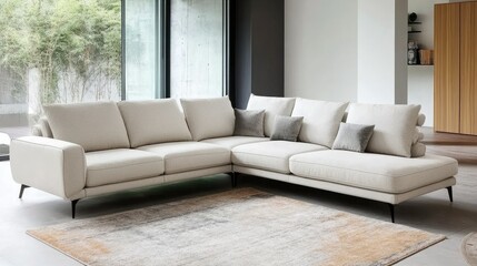 Minimalist living room with sectional sofa and area rug