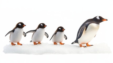 Obraz premium A family of penguins waddling across the ice, with the parents leading the way, on a white isolated background