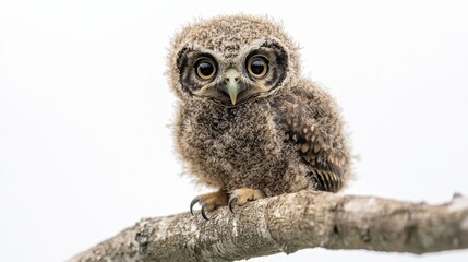A baby owl perched on a branch, looking adorable with its big round eyes,