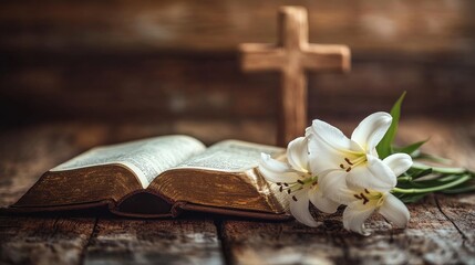 Fototapeta premium Cross surrounded by white lilies with copy space. Easter concept