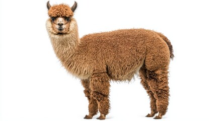 Fototapeta premium A cute alpaca with a fluffy coat standing in a meadow, looking directly at the camera, on a white isolated background