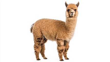 Fototapeta premium A cute alpaca with a fluffy coat standing in a meadow, looking directly at the camera, on a white isolated background