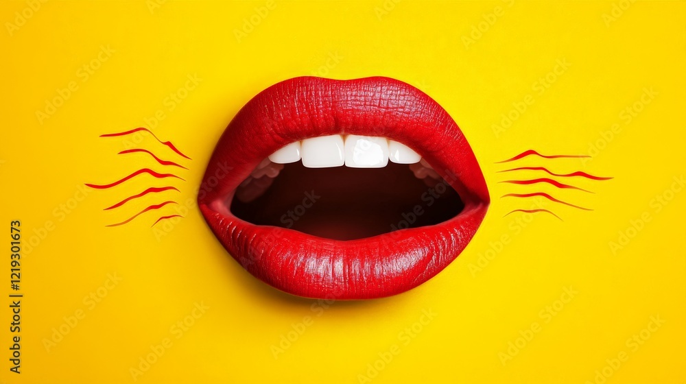 Poster open mouth shouting with red lipstick, displaying white teeth and sound waves against a vibrant yell