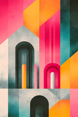 Abstract city skyline, vibrant geometric buildings, architectural illustration, background design, website banner