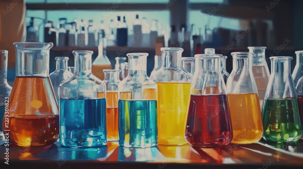 Aufkleber a colorful array of beakers and flasks filled with liquids sit on a lab table, representing scientif