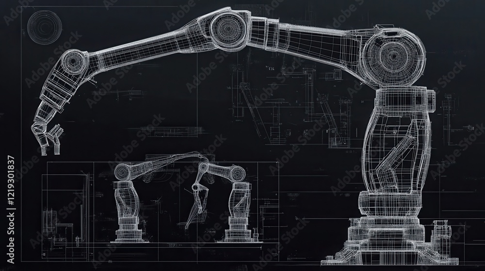 Poster wireframe model of a robotic arm in various stages of motion, engineering drawing, robotics design