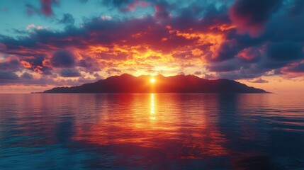 Naklejka premium Vibrant Sunset Over Island Mountains Reflecting In Calm Ocean Water