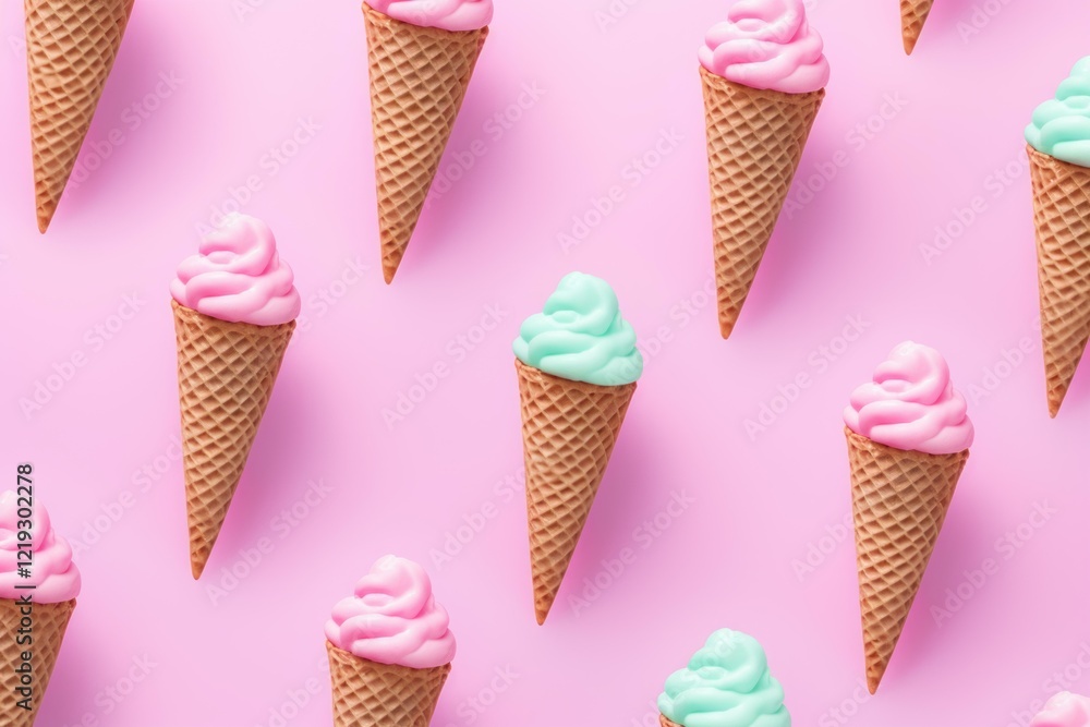 Poster ice cream cones with pink and turquoise scoops creating a repeating pattern on a pink background