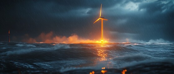 Wind turbine generates energy amidst stormy waves.