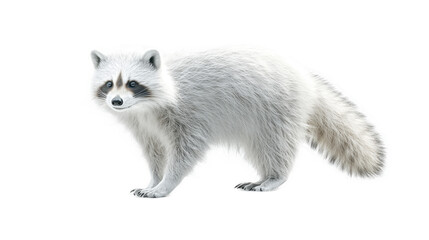 Obraz premium White raccoon standing on a transparent background showcasing its fluffy fur and distinct facial markings, perfect for wildlife and nature-themed projects or illustrations.