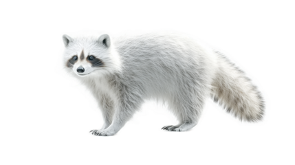 White raccoon standing on a transparent background showcasing its fluffy fur and distinct facial markings, perfect for wildlife and nature-themed projects or illustrations.