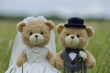 Adorable Teddy Bear Couple in Wedding Attire Outdoors Romantic Scene