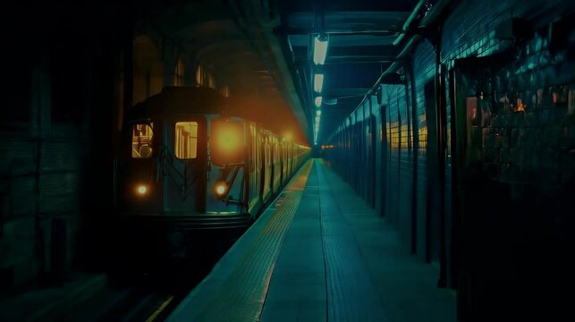 Subway train arriving at night platform