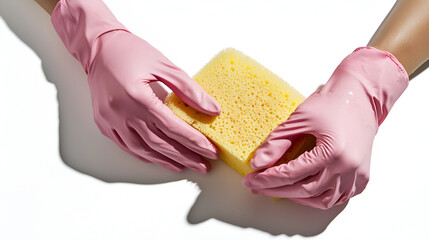Close-up of hands in pink gloves holding a yellow cleaning sponge. Cleanliness and hygiene concept.