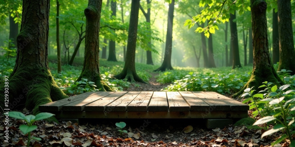 Aufkleber Serene woodland path with a rustic wooden platform, bathed in the soft light of morning, creating a peaceful and inviting atmosphere