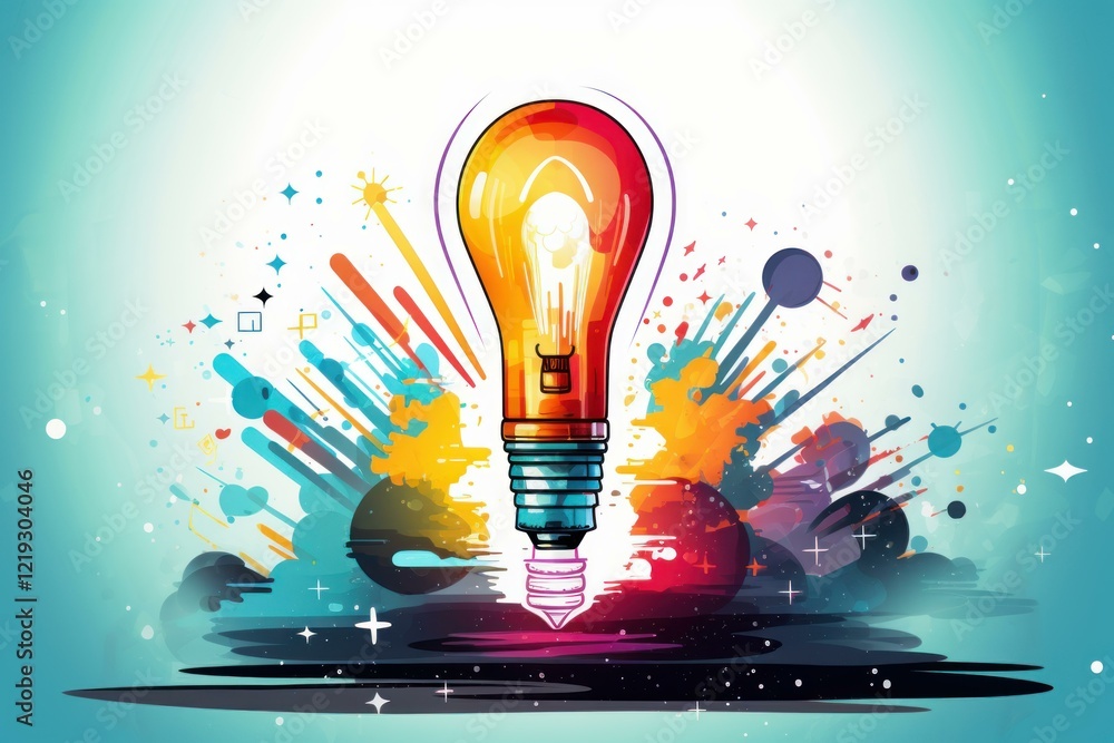 Poster glowing light bulb exploding with colorful ideas on a teal background, representing creativity and i