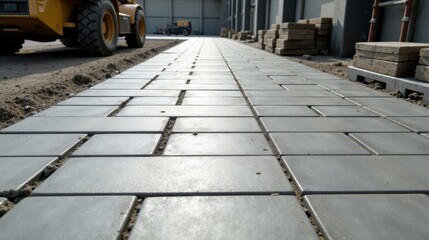 New Pathway Construction Paving Stones Being Laid Near Industrial Building