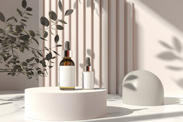 Cosmetic bottles with facial drops on a beige background and plants. Pedestals for product presentation.  Concept for advertising oil, liquid for face and body Copyspace.