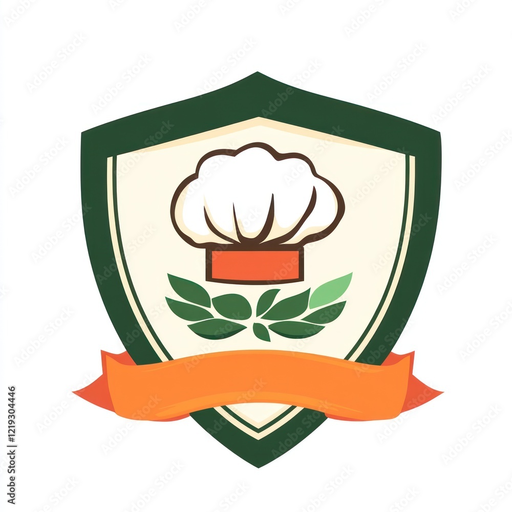Poster chef hat and laurel on shield with orange ribbon design for menu use