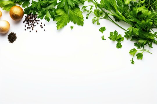 Culinary herbs and spices arranged on a white surface, offering copy space for text or design elements