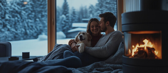 A happy smiling woman, man and dog sitting in a modern living room with fire place hugging and snuggled up in a blanket
