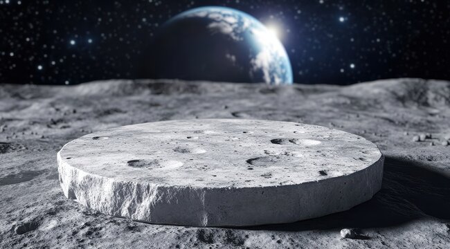 podium Lunar Platform with Earthrise: A pristine, circular platform rests on the lunar surface, with a breathtaking view of Earth rising above the lunar horizon.   - Powered by Adobe