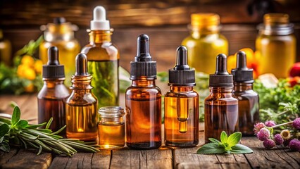 Relaxing Aromatherapy Essential Oils Bottles on Wooden Table